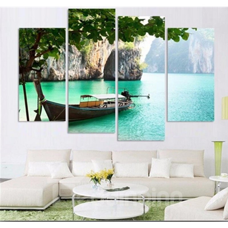 Lienzo de 4 paneles con lago verde y árbol/barco para colgar impresiones en la pared sin marco