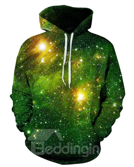 Sudadera con capucha pintada en 3D con patrón de galaxia verde de manga larga fresca