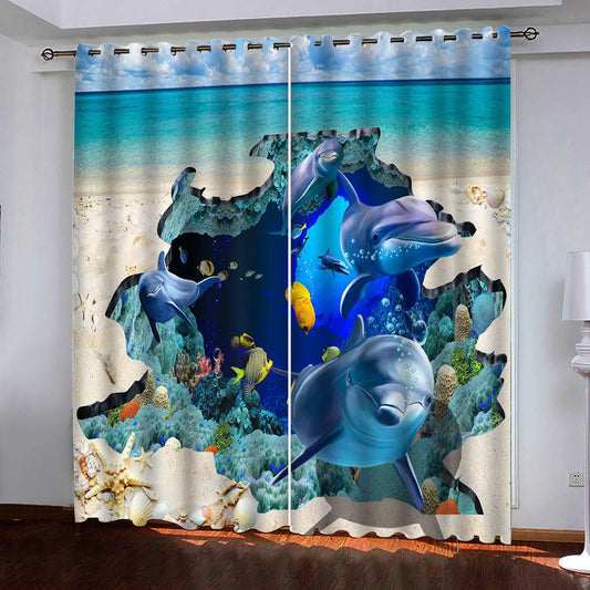 3D Animal Curtains Whales Wonderful Blue Under Sea World and Beach 3D Decorative and Blackout Living Room Curtains