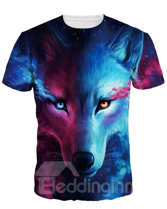 Blue Wolf with Tear Short Sleeve Round Neck 3D Painted T-Shirt