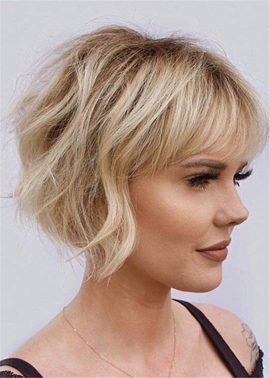 Corte de pelo de verano Cabello humano ondulado en capas para mujer con flequillo sin tapa 12 pulgadas 120% pelucas 