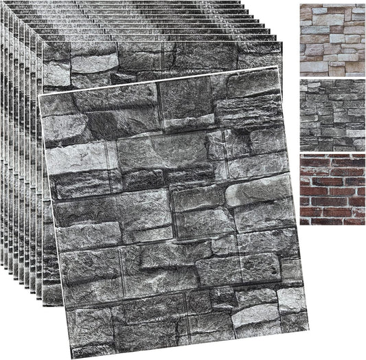 20PCS 3D Wall Panels Peel and Stick 3D Brick Wallpaper Peel and Stick Faux Stone Wall Panel Foam Brick Self-Adhesive Wallpaper (Black 20pcs)