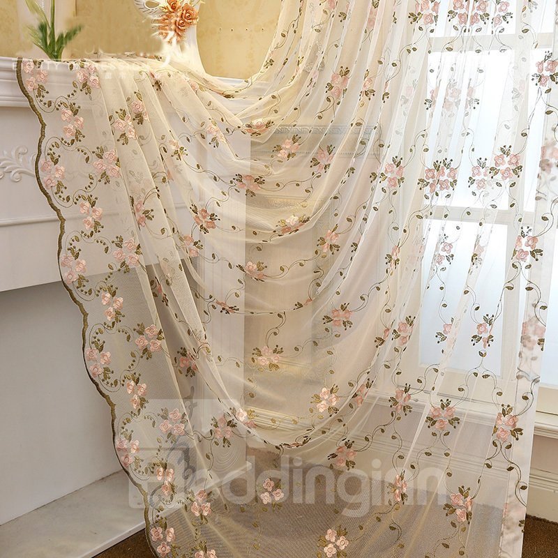 Cortina transparente con 2 paneles de flores rosas frescas y hojas verdes para sala de estar y dormitorio