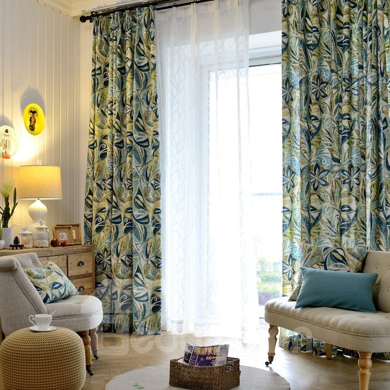 Floral Pattern Polyester Material Blackout Feature Moist Resistant Curtain Sets