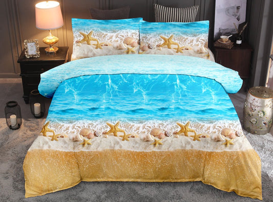 Weiches 3-teiliges Bettbezug-Set mit blauem Meeresstrand und Seesternen und 2 Kissenbezügen 