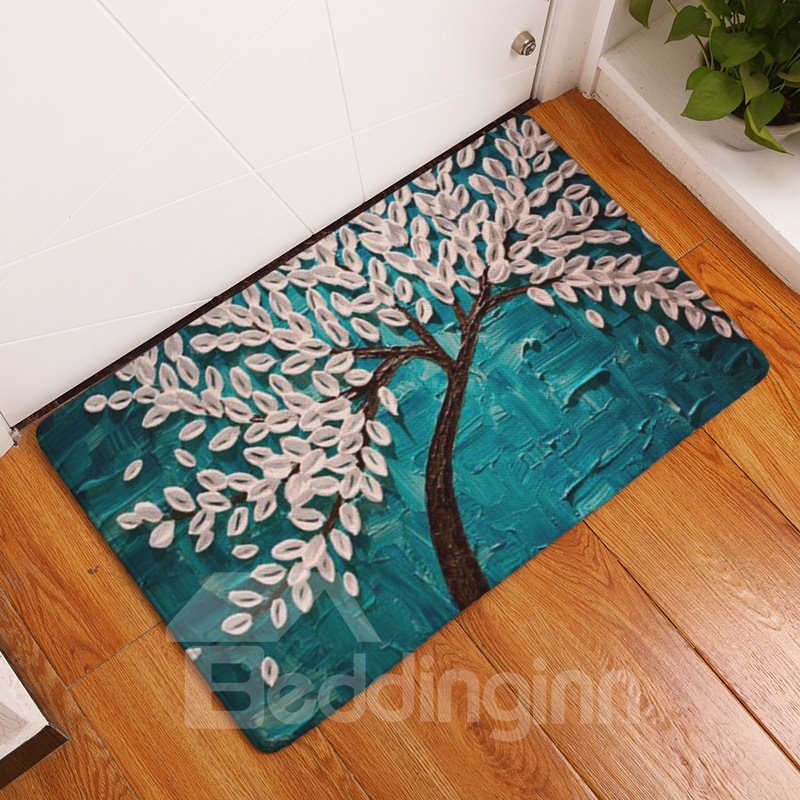 Alfombra/alfombra de baño azul suave y antideslizante con absorción de agua de franela de hojas blancas de 16 × 24 pulgadas