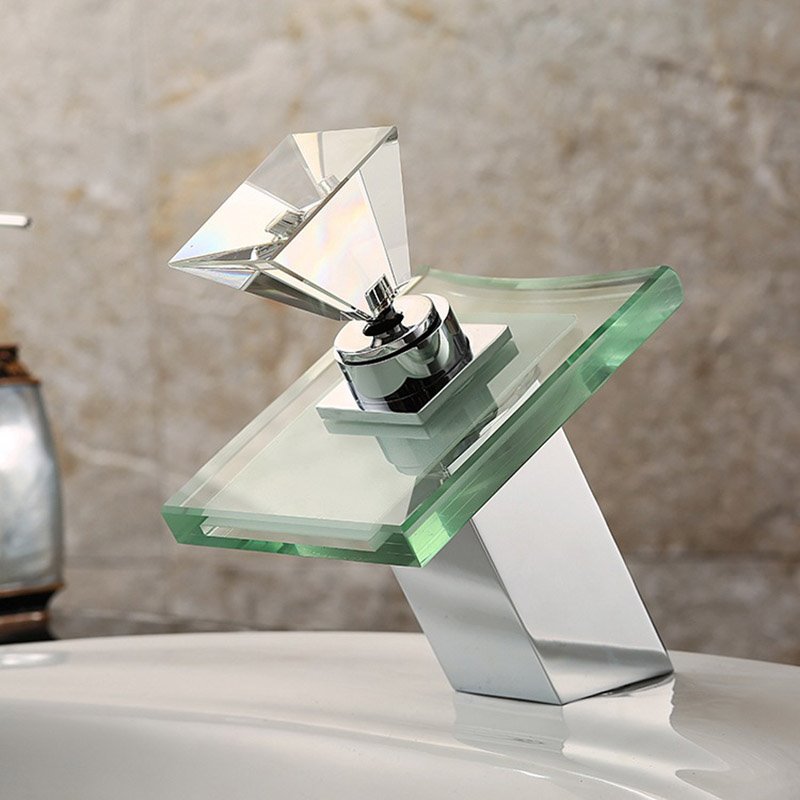 Grifo de lavabo de baño con forma de diamante, mezclador con caño de cristal en cascada, grifos de una sola manija