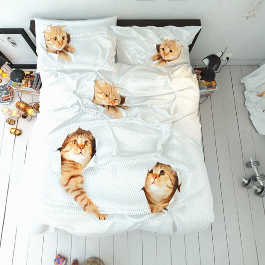 Kreatives Katzen-Bettbezug-Set, Reaktivdruck, dreiteiliges Set, Polyester-Bettwäsche-Sets 