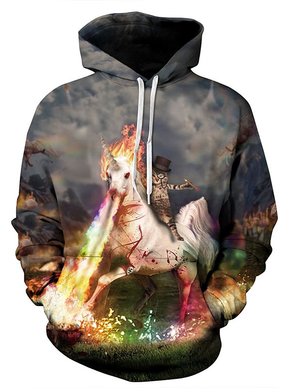 Cute Long Sleeve Unicorn and Cat Fire Running Pattern 3D Painted Hoodie