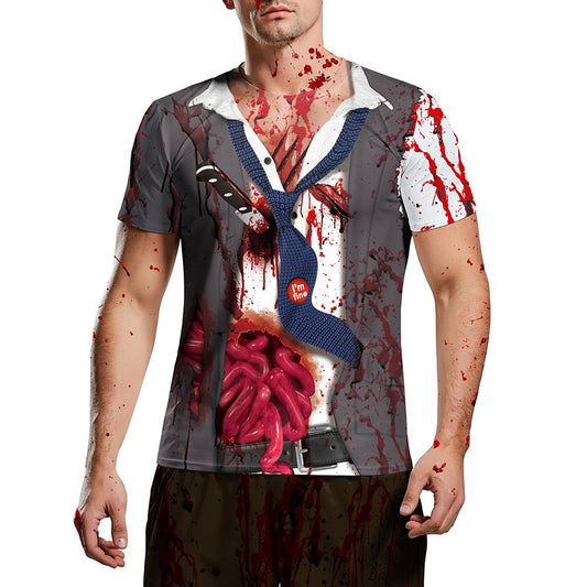 Short Sleeve Halloween Bleeding Terrorist Zombies 3D Print Round Neck Men's T-shirt with Comfortable Breathable Fabric