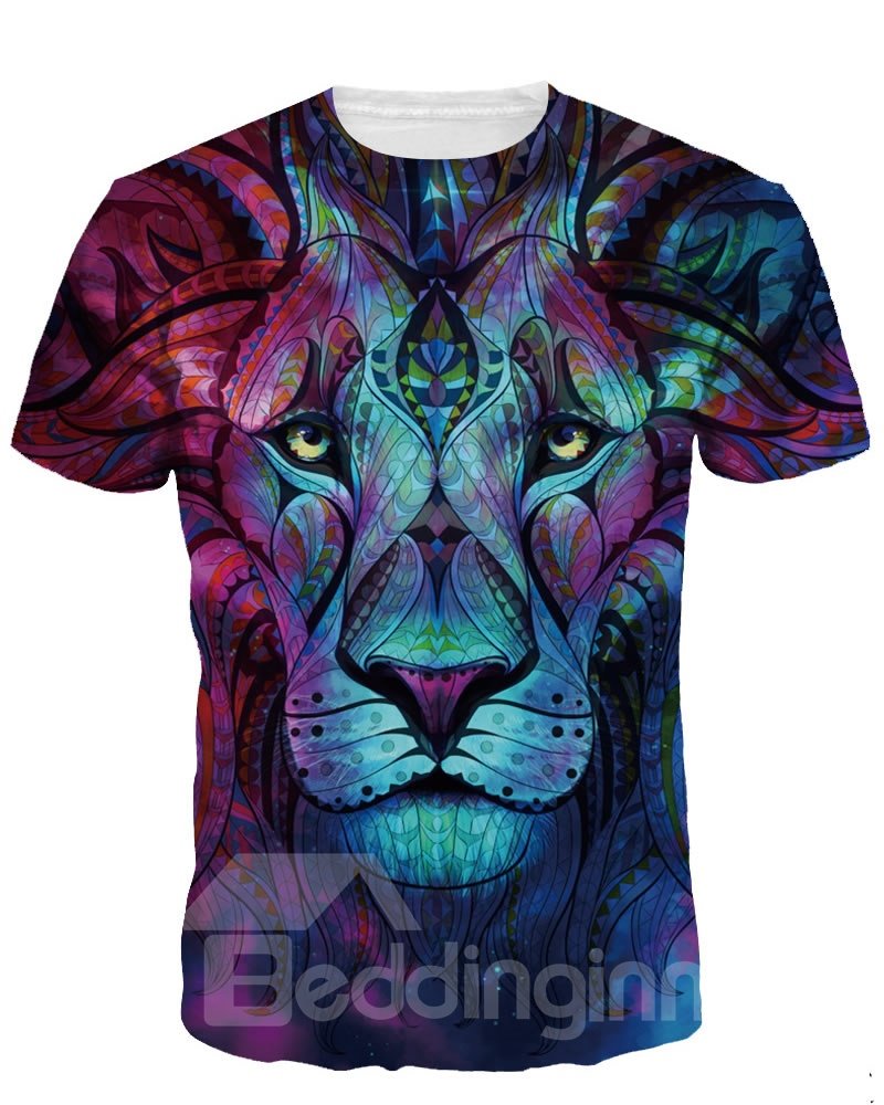 Boho Style Lion Short Sleeve Round Neck 3D Painted T-Shirt