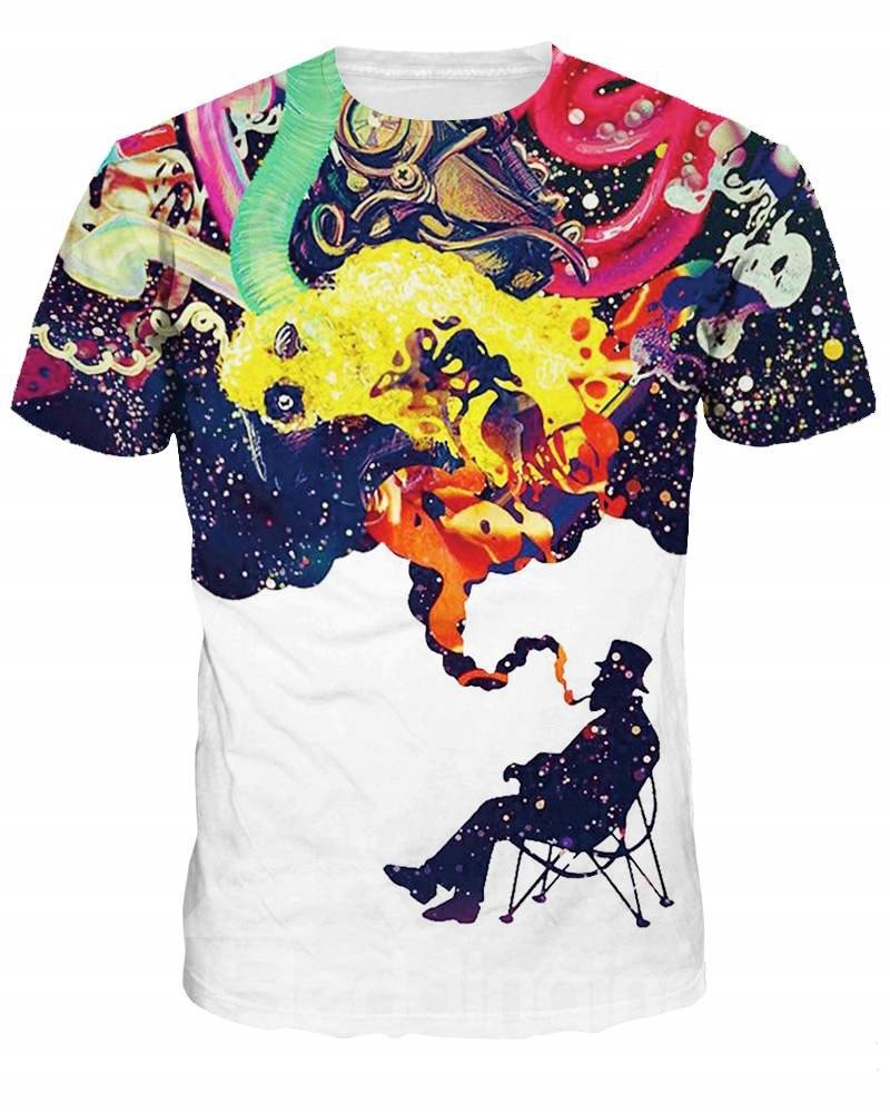 Spezielles 3D-bemaltes T-Shirt mit Rundhalsausschnitt und Smoking-Man-Muster