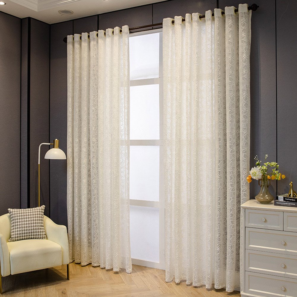 European Style  Cherry Blossom Embroidery White Floral Sheer Curtains for Living Room Bedroom Decoration Custom 2 Panels Breathable Voile Drapes No Pilling No Fading No off-lining Polyester