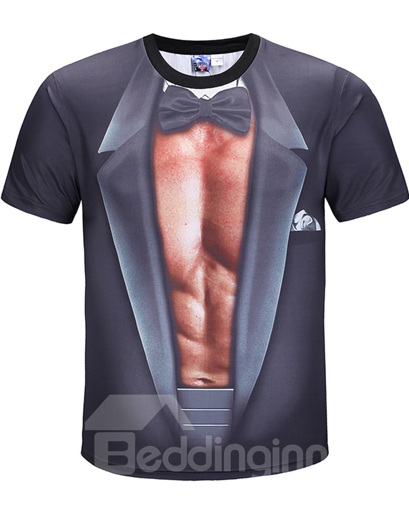 Camiseta de material de poliéster de elasticidad moderada modelo recto con patrón de músculos