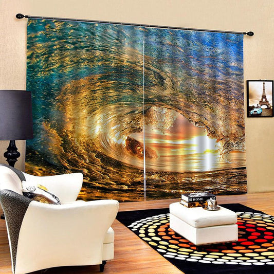 Blackout Curtains 3D Scenery Sea Wave Grommet Curtains Insulated Room Living Room Bedroom Decoration Curtains Set of 2 Panels