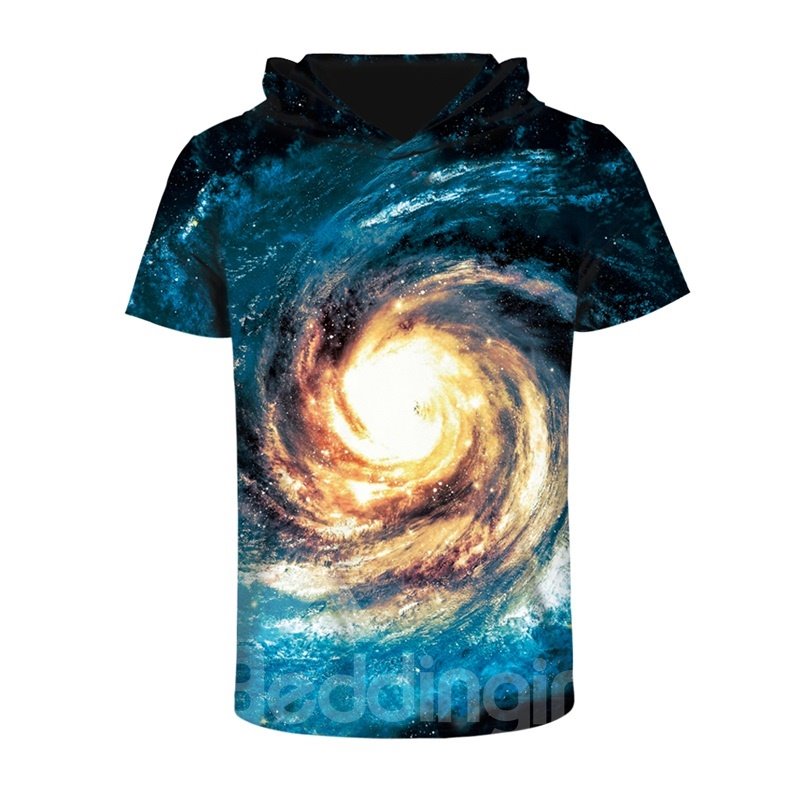 Galaxy Vortex Comfortable Round Neck 3D Short Sleeve for Men Hooded T-shirt