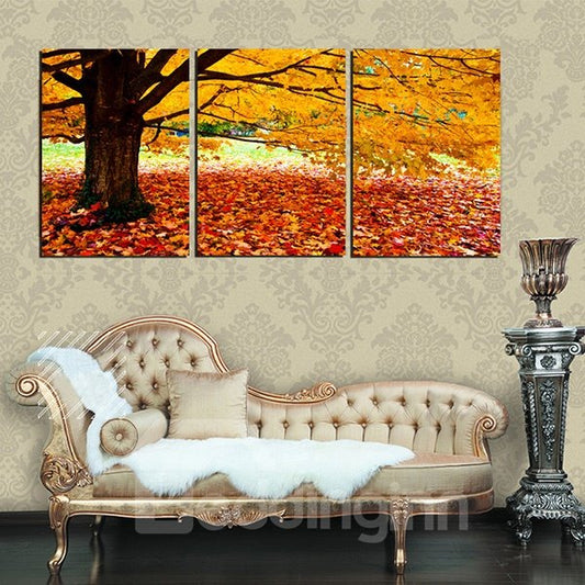 3-teilige Leinwand-Kunstdrucke mit goldenem Herbstbaum und Blättern auf dem Boden