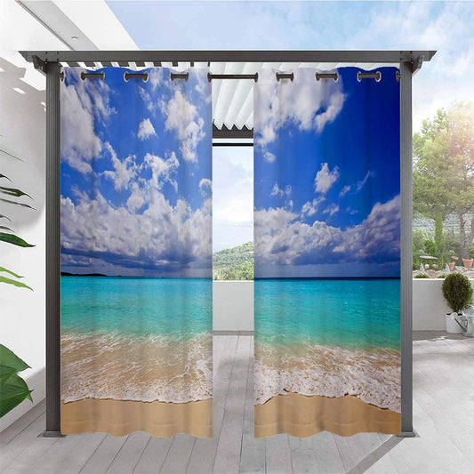 Cortinas modernas con paisaje marino en 3D para exteriores, cortina de cabaña con ojales en la parte superior, impermeable, a prueba de sol, aislante térmico, 2 paneles 