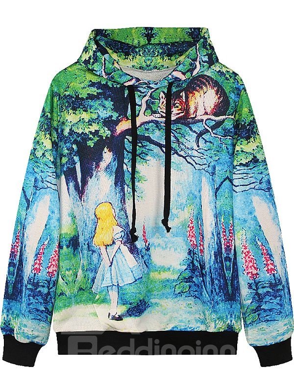 Lovely Long Sleeve Cartoon Pattern Pocket 3D Painted Hoodie