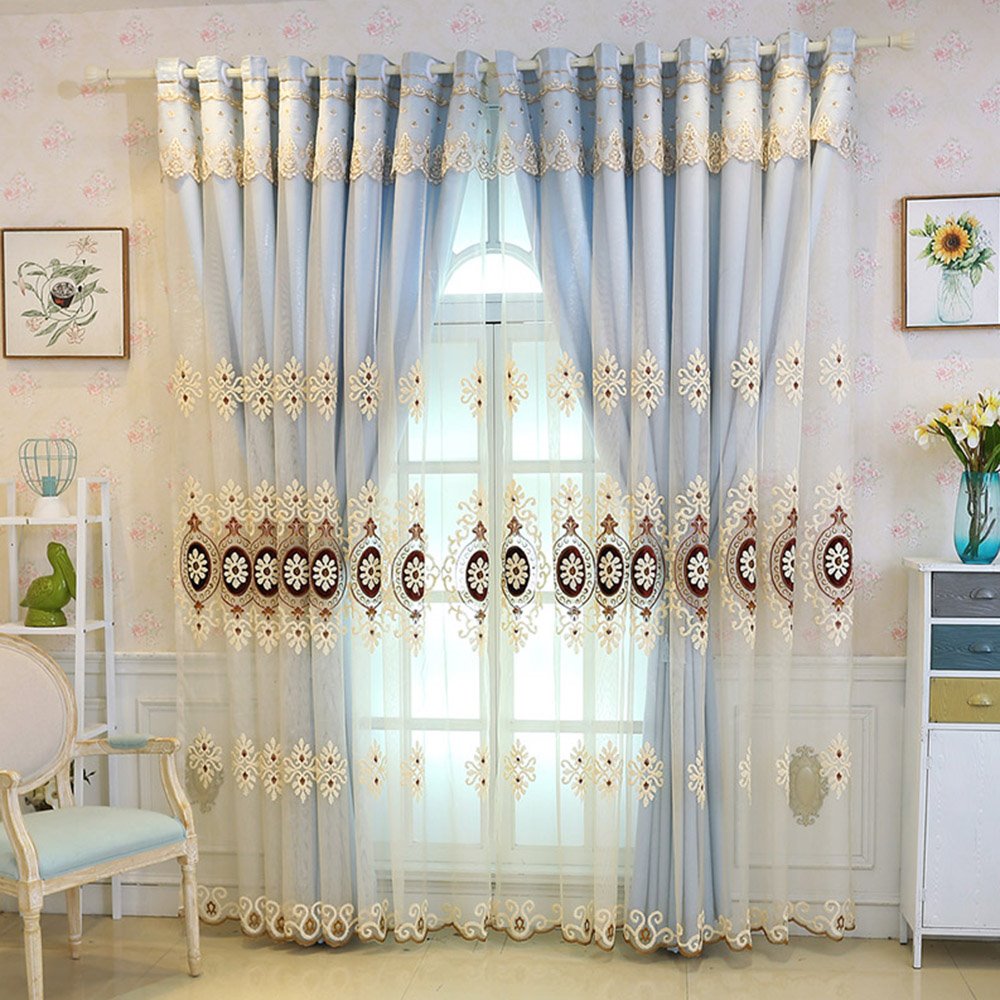 Modern Embroidery Floral Curtain Sets Sheer and Lining Curtain Polyester Blackout for Living Room Bedroom