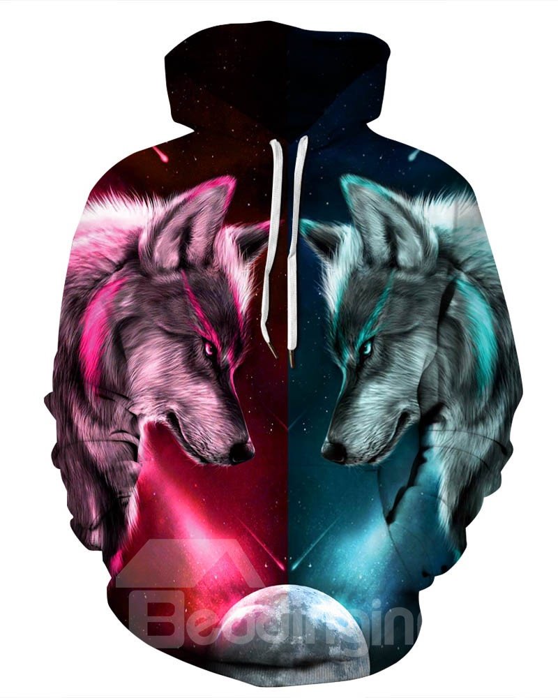 Cool Wolves Loose Model Pullover Kangaroo Pocket 3D Painted Hoodie