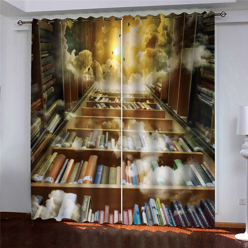 Creative 3D Bookcase Print Blackout Polyester Curtains No Pilling No Fading No off-lining Grommet Tops