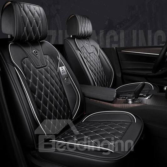 Waterproof Durable Unfading Wear-Resistant High-Class Leather Pure Color With White Cross Lines Design 5 Seats Universal Truck Seat Covers