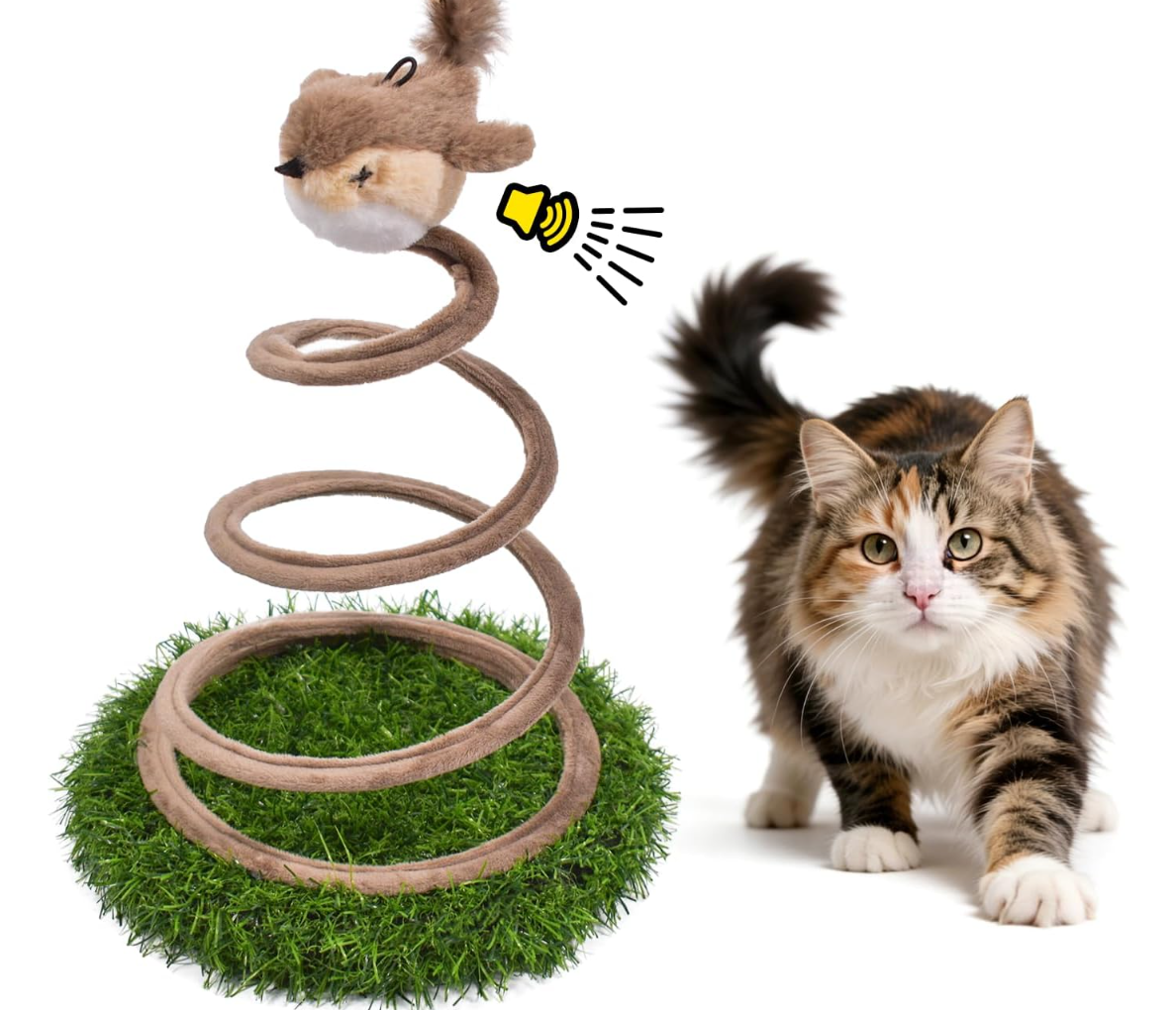 Chirping Bird Cat Toy with Stable Grass Base, Interactive Motion Activated Plush Bird with Realistic Bird Sounds, Spring Feather Teaser Toy for Indoor Cats, Hunting, Exercise & Independent Play