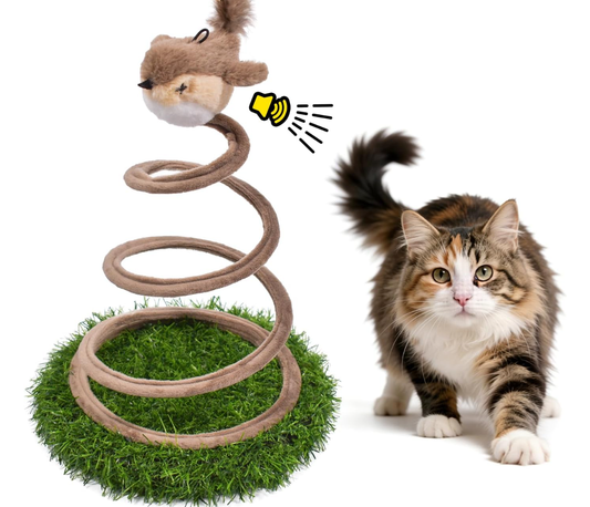 Chirping Bird Cat Toy with Stable Grass Base, Interactive Motion Activated Plush Bird with Realistic Bird Sounds, Spring Feather Teaser Toy for Indoor Cats, Hunting, Exercise & Independent Play