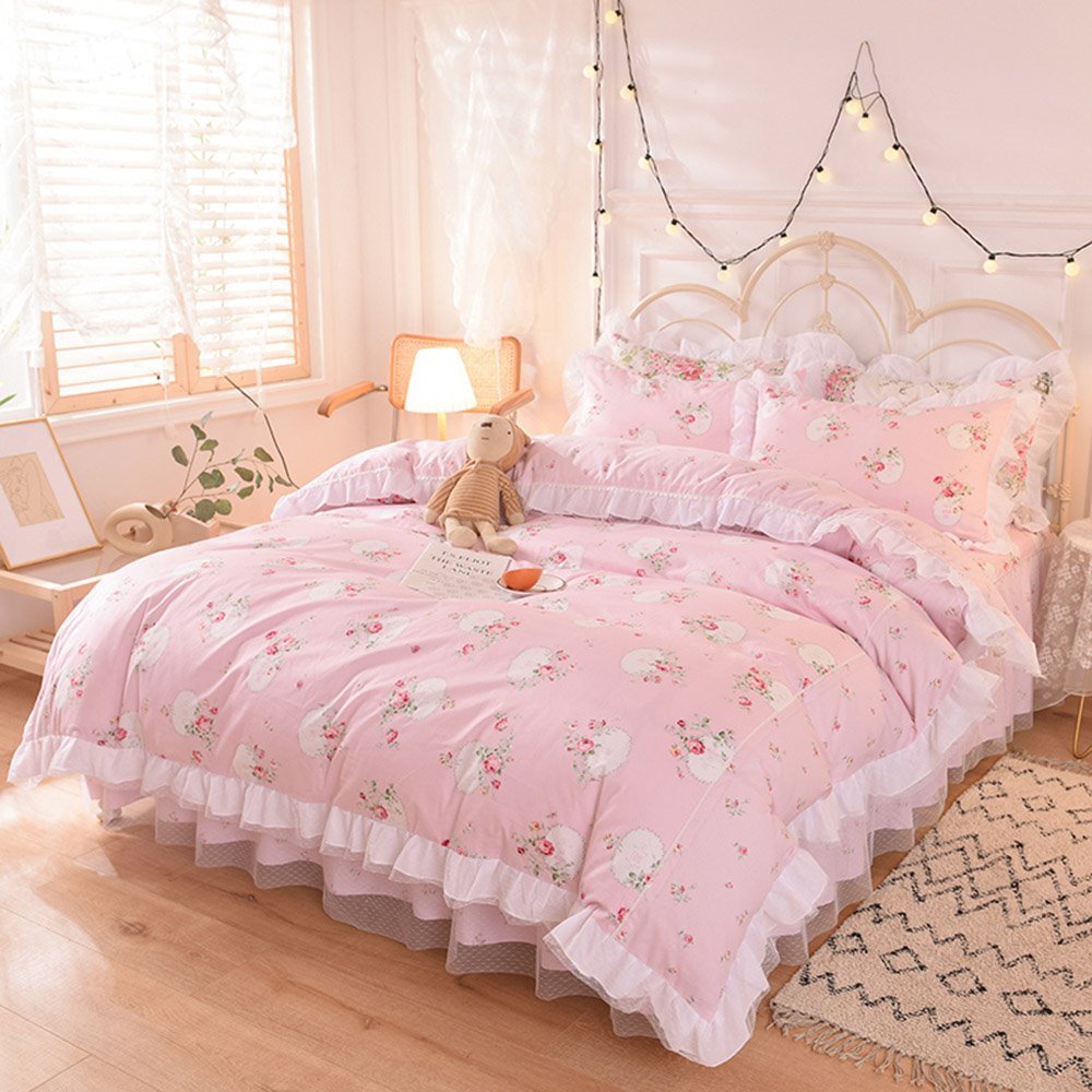 Juego de funda nórdica de color rosa desgastado, colección de ropa de cama de 4 piezas con flores rosas, elegante juego de falda de cama con volantes de encaje de princesa para niñas, tamaño Twin Full Queen King 