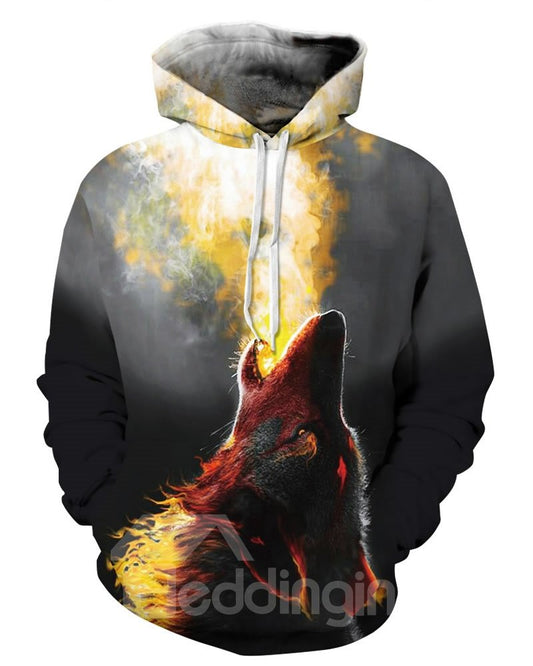 Sudadera con capucha pintada en 3D con estampado de lobo rugido de manga larga