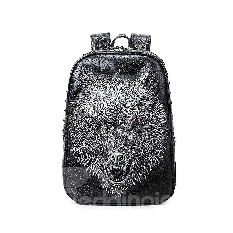 Wolf Head 3D PU Leather Casual Laptop Backpack School Bag