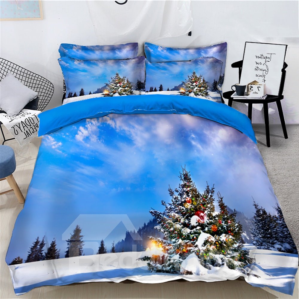 4-teilige 3D-Bettwäsche-Sets/Bettbezüge mit Weihnachtsbaum-Motiv, blauer Himmel