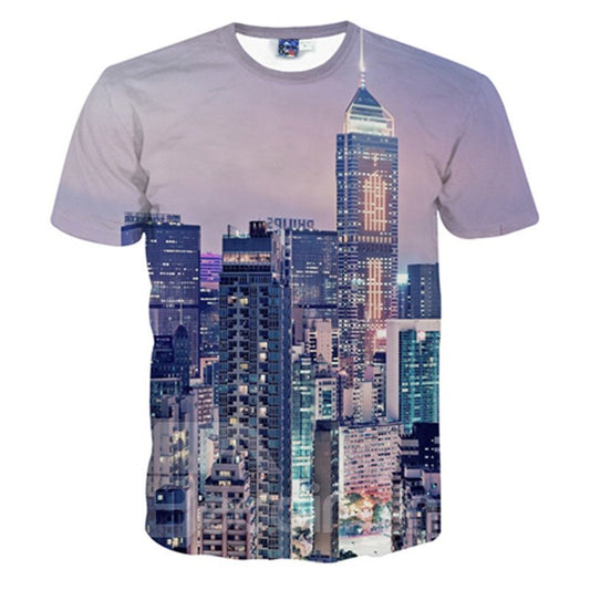 Camiseta pintada en 3D con patrón de paisaje nocturno de ciudad y cuello redondo resplandeciente