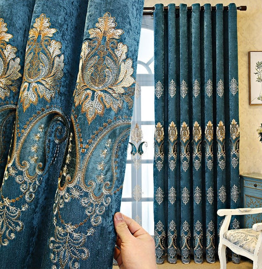 Verdunklungsvorhänge, europäische Chenille-Vorhänge, blaue Vintage-Stickerei, Schattierungsvorhänge, edel und elegant, für Wohnzimmer, Schlafzimmer, Dekoration, individuelle 2-Panel-Vorhänge