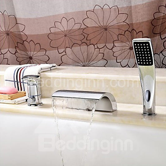 Contemporary Low Arc  Widespread Waterfall Brass Bathtub Faucet