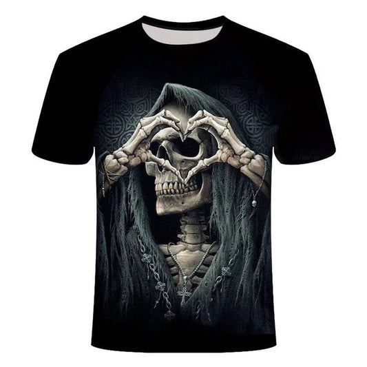 Schwarzes 3D-Druck-T-Shirt für Herren mit Totenkopf und Herz, kreatives lässiges Paar-Outfit, Unisex, kurzärmelig, Rundhalsausschnitt, lockere T-Shirts 