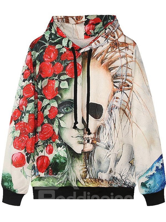Einzigartiger langärmliger Kapuzenpullover mit Rosen- und Totenkopfmuster und Tasche mit 3D-Bemalung