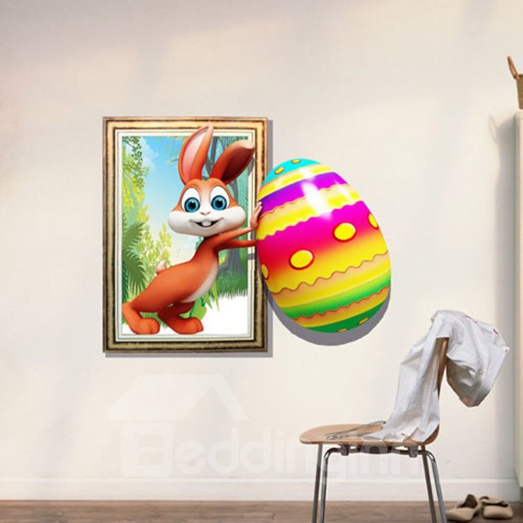 Increíble y creativo conejo 3D empujando una pegatina de pared con diseño de huevo