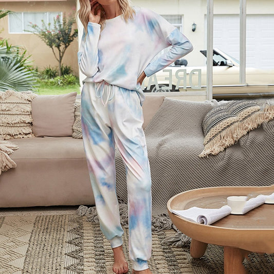Damen-Pyjama-Anzug mit modischer Tasche, helllila Farbverlauf, Rundhalsausschnitt und langen Ärmeln 