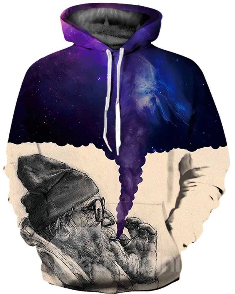Unisex Realistic Printed Old Man Smoking Pullover 3D Painted Hoodie