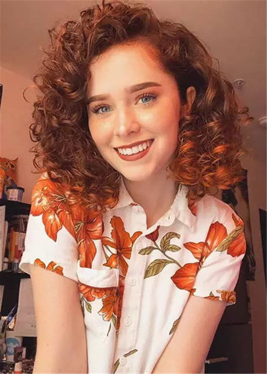 Synthetic Hair Capless Curly Women 16 Inches 120% Wigs Heat Resistant Natural Looking Daily Party Wigs Cosplay Wigs with Natural Bangs with Free Wig Cap