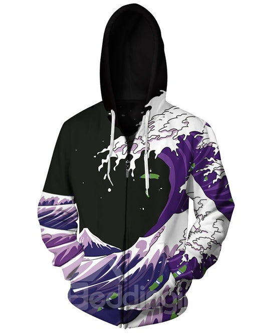 Sea Waves Sudaderas con capucha con cremallera y bolsillos grandes con estampado 3D morado