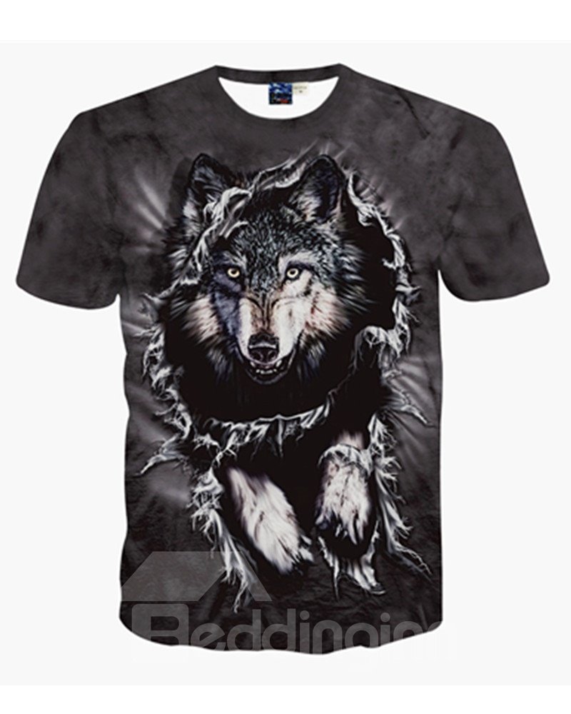 Wolf Schwarzes Unisex-Kurzarm-T-Shirt mit Rundhalsausschnitt und 3D-Muster
