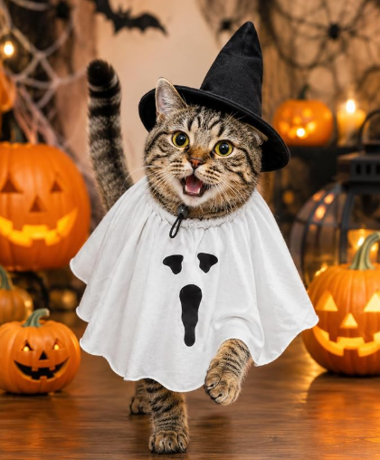 Piemow Cat Halloween Costumes, Ghost Cape & Witch Hat Outfit for Small Pet