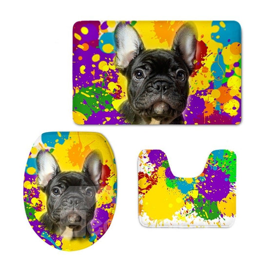 3-teiliger Toilettensitzbezug aus weichem, wasserabsorbierendem, rutschfestem Flanell-PVC mit schwarzem Hundemuster