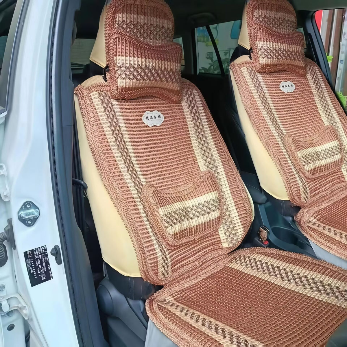 beige grid car seat cushions