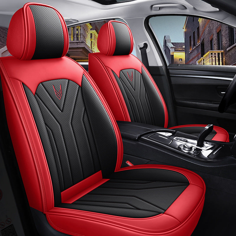 Red Frame woven pattern car seat cover set - faux leather and fabric