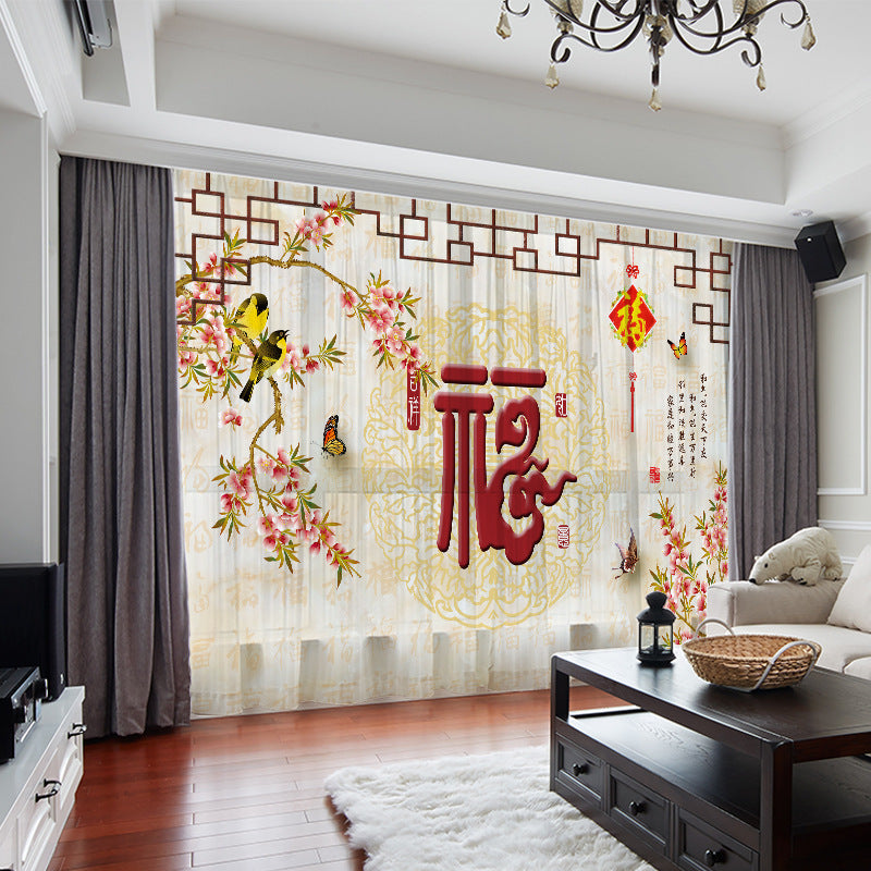 birds and flowers print sheer curtain - window curtain