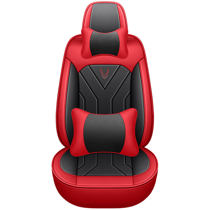 Red Line Trimmed woven pattern car seat cover set - faux leather and fabric